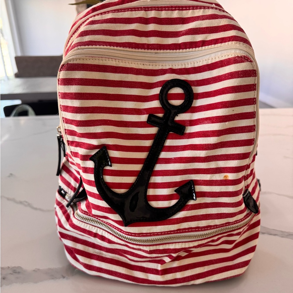 Red and White Striped Backpack with Anchor Design